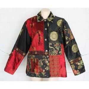 Chico's 1 M 8 10 Zen Goddess Patchwork Embroidered Metallic Silk Top